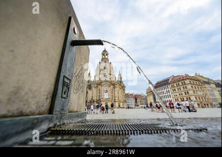 Dresden, Deutschland. 20. Juni 2023. Wasser fließt aus einem Trinkbrunnen auf dem Neumarktplatz in der Altstadt vor der Frauenkirche. Kredit: Robert Michael/dpa/Alamy Live News Stockfoto