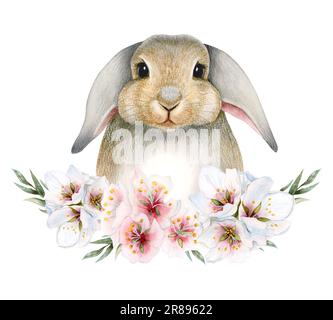 Aquarelle Osterhasen mit weißem Frühlingsblumen und hinterlässt eine Illustration des Kranzes auf weißem Hintergrund Stockfoto