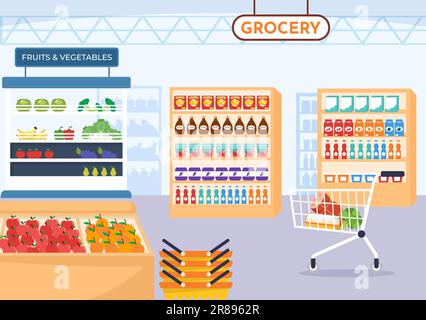 Lebensmittelgeschäft Shopping Vector Illustration mit Foods Items and Products Assortiment im Supermarkt in Flat Cartoon handgezeichnete Vorlagen Stock Vektor