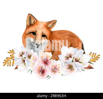 Süßer Cartoon-Rotfuchs in Blumen Kranz und fallgelbe Blätter Aquarell Illustration isoliert auf weißem Hintergrund Stockfoto