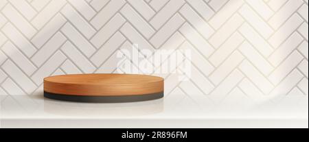 Realistisches rundes Holzpodium auf gefliestem Hintergrund. Vektordarstellung einer Plattform aus natürlicher Eiche für die Präsentation luxuriöser Schönheitsprodukte, Küchenzubehör für Innendesign, modernes Bad in Beige Stock Vektor