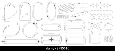 Ästhetische Rahmen und Formen mit Sternen. Grafikdesign mit minimaler Y2K-Kontur und Glitzereffekt. Abstrakte minimalistische Bogengrenzen. Trendige Boho geometrisch Stock Vektor