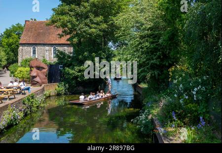 Canterbury , Kent , England UK - Touristenpunt und Boote auf dem River Stour im Stadtzentrum an einem wunderschönen heißen Sommertag Stockfoto