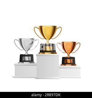 Trophäenbecher. Goldpreis auf dem weißen Podium isoliert. Vektordarstellung der Auszeichnung Stock Vektor