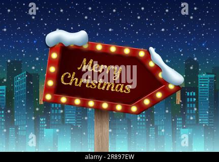 Vektordarstellung. Weihnachtsbanner. Rotes Lichtzeichen. Schneestadt. Stock Vektor