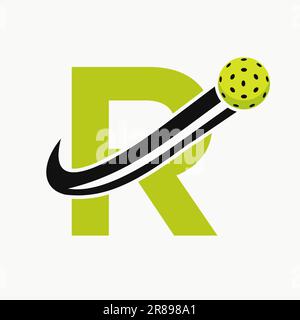 Buchstabe R Pickleball Logo Konzept mit beweglichem Pickle Ball-Symbol. „Pickle Ball“-Logo Stock Vektor