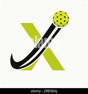 Buchstabe X Pickleball Logo Konzept mit beweglichem Pickle Ball Symbol. „Pickle Ball“-Logo Stock Vektor