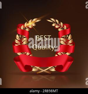 Vektorsymbol. Siegertrophäe. Hochwertiges Etikett. Goldene Blätter. Stock Vektor