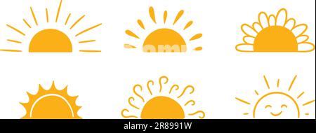 Gelbe Halb-Sonne-Symbole im Doodle-Stil. Handgezeichnete einfache grafische Symbole für den Sonnenuntergang. Symbole für Sommerhitze. Halbrundes Solarelement. Vektordarstellung Stock Vektor
