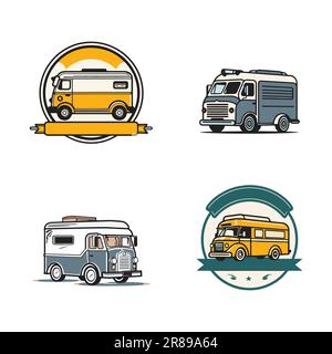 Handgezeichnetes „Vintage Food Truck“-Logo im flachen Kunststil, isoliert auf dem Hintergrund Stock Vektor