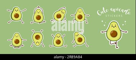 Süße Kawaii-Avocado-Aufkleber. Ein Satz Kuchenfrucht auf grünem Hintergrund. Moderne Einrichtung für Notizbuch oder Tagebuch. Handgezeichnete Vektordarstellung in flacher Form Stock Vektor
