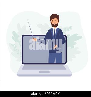 Online-Bildung, Lernkonzept. Online-Lehrer am Computermonitor. Webinar, Videoseminar Lernkonzept. Lehrerin mit Büchern. vide Stock Vektor