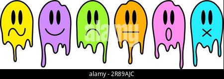 Bunte, geschmolzene Gesichter mit unterschiedlichen Emotionen. Cartoon-Trippy-Smiley-Illustrationen-Kollektion. Designelement für Drucke, Poster, Aufkleber. Vektorsatz Stock Vektor