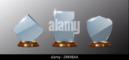 3D-Symbolsatz für realistische Vektoren. Siegertrophäe aus Kristallglas mit Holzfuß und goldenem Rahmen. Isoliert auf transparentem Hintergrund. Stock Vektor