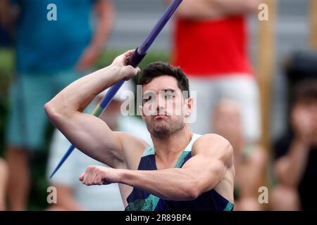 Leichtathletik, 26. Stadtwerke Ratingen Mehrkampf - Sitzung am 18. 06. 2023 in Ratingen , Deutschland Zehnkampf Männer, Stabhochsprung URENA Jorge ESP Foto : Norbert Schmidt, Düsseldorf Stockfoto