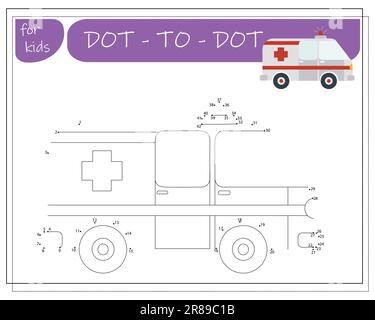 Ein Spiel mit Zahlen, ein pädagogisches Spiel von Punkt zu Punkt für Kinder, Cartoon-Autos. Vektordarstellung Stock Vektor