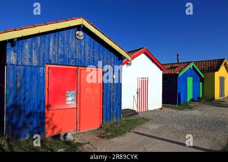 Die ehemaligen Hütten der Austernbauern wurden zu Kunsthandwerksstätten umgebaut. Chateau d'Oleron. Charente Maritime, Frankreich Stockfoto