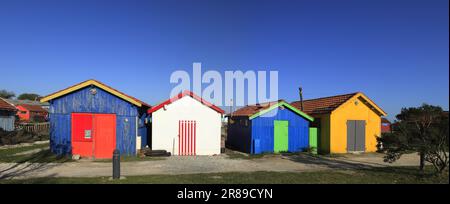Die ehemaligen Hütten der Austernbauern wurden zu Kunsthandwerksstätten umgebaut. Chateau d'Oleron. Charente Maritime, Frankreich Stockfoto
