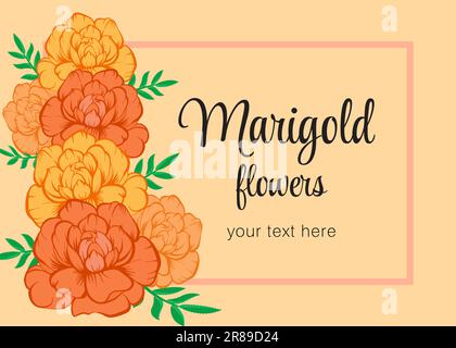 Rahmen mit wunderschönen Marigolds-Blumen auf hellorangefarbenem Hintergrund mit Platz für Text. Chinesisches Festival-Konzept im Herbst mit Marigolds. Stock Vektor