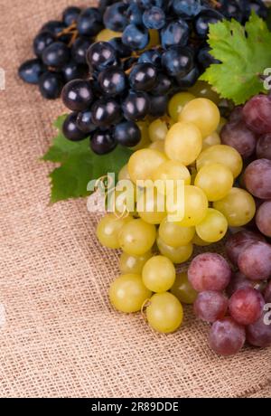 Bündel frischer, reifer roter Trauben auf einer hölzernen Oberfläche. Stockfoto