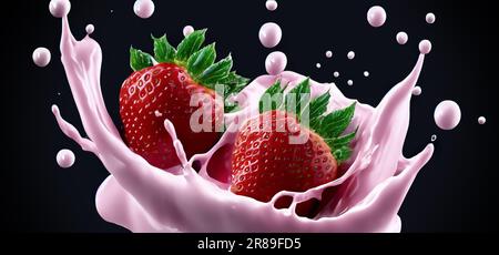 Erdbeermilch mit isolierter Erdbeermilch auf schwarzem Hintergrund. Erdbeeren, die zu rosafarbener Milch oder cremigem, flüssigem Getränk verfallen. Milchig Stockfoto