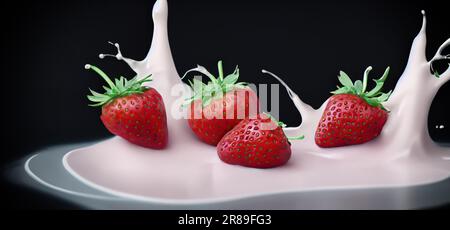 Erdbeermilch mit isolierter Erdbeermilch auf schwarzem Hintergrund. Erdbeeren, die zu rosafarbener Milch oder cremigem, flüssigem Getränk verfallen. Milchig Stockfoto