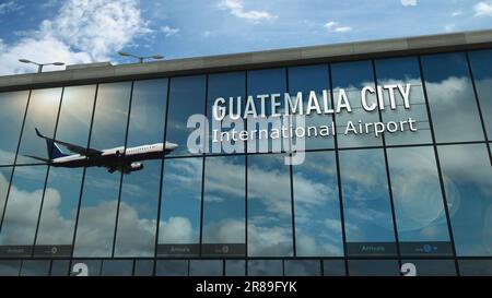 Flugzeuglandung in Guatemala City, Guatemala 3D-Darstellung. Ankunft in der Stadt mit dem gläsernen Flughafenterminal und Reflektion von Jet pla Stockfoto