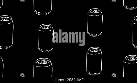 Zinnflaschen auf schwarzem Hintergrund, Vektordarstellung, Muster. Flasche für Getränke und Limonaden. Behälter für Sodarot. Nahtloses Muster im Style Stock Vektor