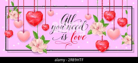 Alles, was du brauchst, ist Love Banner with Hearts Stock Vektor