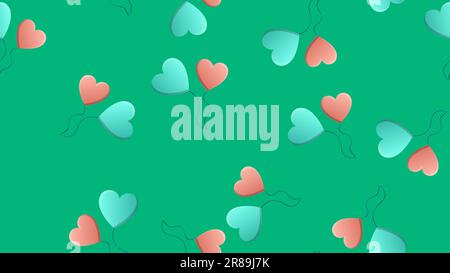 Endlose nahtlose Muster wunderschöner festlicher Liebe fröhliche zarte, herzförmige Ballons auf grünem Hintergrund. Vektordarstellung. Stock Vektor