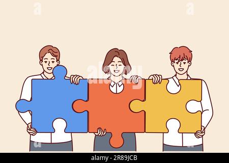 Team von Geschäftsleuten mit Rätseln, die Teamarbeit und Zusammenarbeit zum Erreichen von Geschäftszielen symbolisieren. Büromitarbeiter fordern Zusammenarbeit für produktive Teamarbeit und Unternehmensentwicklung Stock Vektor