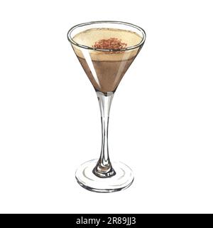 Aquarellglas Espresso martini. Handgezeichnete Darstellung isoliert auf weißem Hintergrund. Perfekt für Rezeptlisten mit alkoholischen Getränken, Broschüren Stockfoto