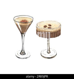 Aquarellglas Espresso martini mit Kaffeekörner. Handgezeichnete Darstellung isoliert auf weißem Hintergrund. Perfekt für Rezeptlisten mit Stockfoto