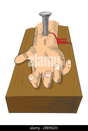 Abbildung der Hand, die am Kreuz genagelt ist, für karfreitag, Erlösung, Kreuzigung, christenthema Stock Vektor