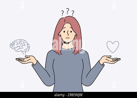 Verwirrte Frau wählt zwischen Herz und Gehirn. Frustriertes Mädchen entscheidet zwischen Emotionen und Vernunft. Vektordarstellung. Stock Vektor