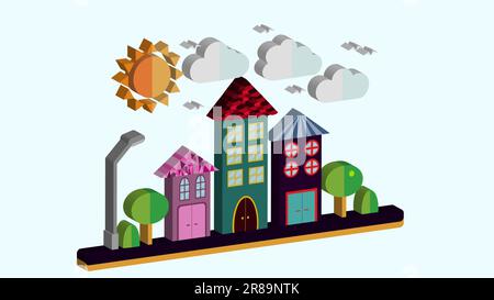Stadtlandschaft im dreidimensionalen flachen Stil. Die Stadt mit Häusern mit schrägem Dach und verschiedenen wunderschönen Fliesen mit einer Laterne sonnenleuchtende Wolken Stock Vektor