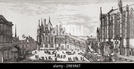 Vue de la Sainte chapelle et de la Chambre des Comptes de Paris, oder Blick auf die Heilige Kapelle und das ehemalige Kontenhaus, Paris, nach der Gravur von Israël Silvestre. Aus Histoire de La Gravure, veröffentlicht 1880 Stockfoto