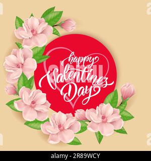 Valentinstag-Schriftzug mit Pink Blossoms Stock Vektor