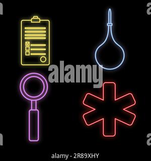 Set von hellen leuchtenden mehrfarbigen medizinischen Neonschildern für eine Apotheke oder Krankenhausladen schöne glänzende Wissenschaft Papier Krankenwagen Einlauf auf schwarzem Rücken Stock Vektor