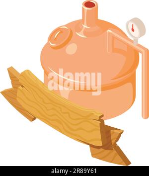 Isometrischer Vektor des Symbols für die Getränkeherstellung. Holztafel und Metallbehälter. Hobby, Produktion, Geschäft Stock Vektor