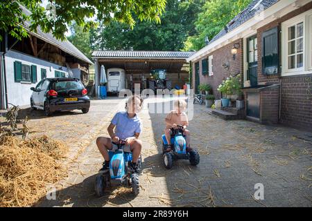 In den Niederlanden spielen Kinder auf einem niederländischen Hof mit Spielzeugtraktoren. Die Farm ist hinter ihnen und von ihnen ist das Haus, in dem sie leben. Stockfoto