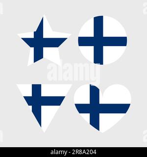Finnische Flaggenvektorsymbole Satz von Illustrationen in Form von Herz, Stern, Kreis und Karte. Stock Vektor