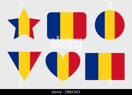 Rumänische Flaggensymbole Satz von Illustrationen in Form von Herz, Stern, Kreis und Karte Stock Vektor