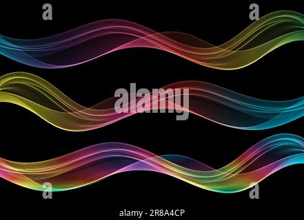 Abstrakte dynamische, farbenfrohe, glatte Wellen leuchten auf schwarzem Hintergrund.Wellen gesetzt. Musikvektorelemente, Technologiekonzept. Stock Vektor