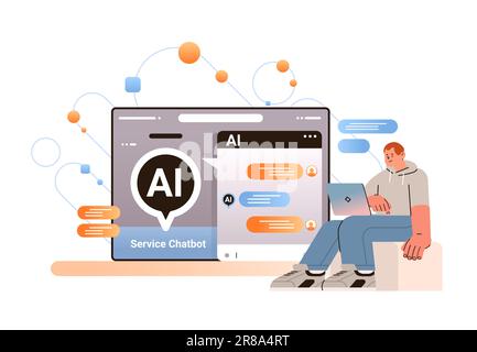 Ein Mann, der mit einem Chat-bot im Dialog steht und Fragen stellt und Antworten erhält, ist beim Kundenservice von Chatbot-Support behilflich Stock Vektor