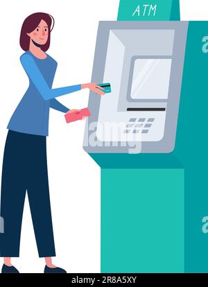 Frau zieht Geld über einen Geldautomaten ab. Auffüllung einer Bankkarte in bar. Das Mädchen hat eine Brieftasche und steckt eine Kreditkarte in einen Geldautomaten. Bankgeschäfte, Darstellung in flacher Form, isoliert. Stock Vektor