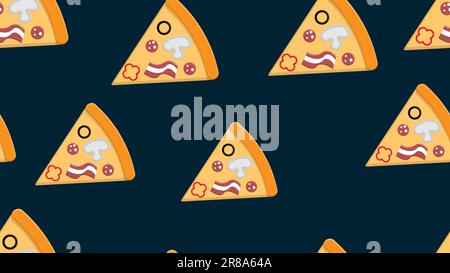 Pizza auf dünnem Teig, blauer Hintergrund, Vektordarstellung, Muster. Pizza gefüllt mit Fleisch und Kräutern, Käse. Design und Einrichtung der Küche Stock Vektor