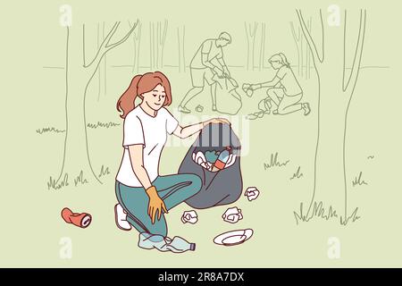 Eine Freiwillige sammelt Müll im Sack, reinigt den Park aus nicht abbaubarem Plastikabfall. Ehrenamtliche Verteidigerin der Tierwelt ist im Wald und holt Flaschen und Abfall vom Boden ab. Stock Vektor