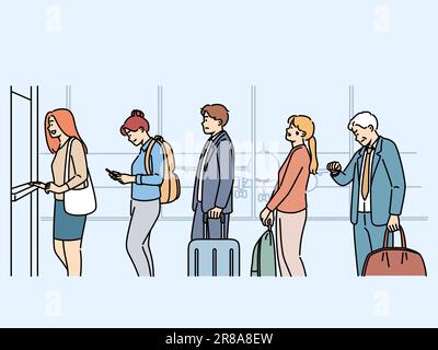 Schlange am Flughafen von Personen, die mit dem Flugzeug abheben und die Zollkontrolle passieren, wenn sie die Staatsgrenze überschreiten. Männer und Frauen sind am Flughafen und checken für den Flug ein, nervös wegen der langen Wartezeit. Stock Vektor