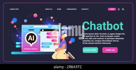 Frau chattet mit Chatbot in Computeranwendung KI-Konzept Chatbot Assistentenkonversation Stock Vektor
